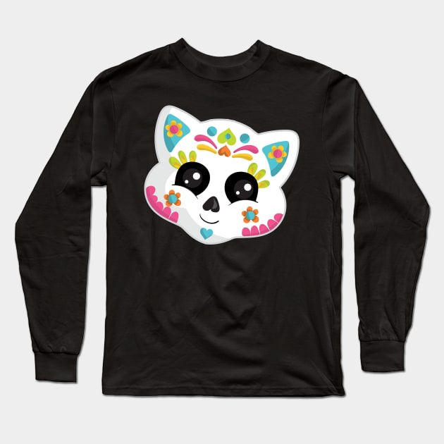 Cute Sugar Skull Cat Long Sleeve T-Shirt by CraftyCatz